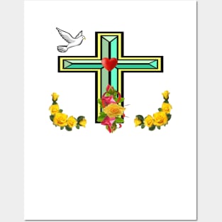 CHRISTIAN CROSS With YELLOW ROSES Posters and Art